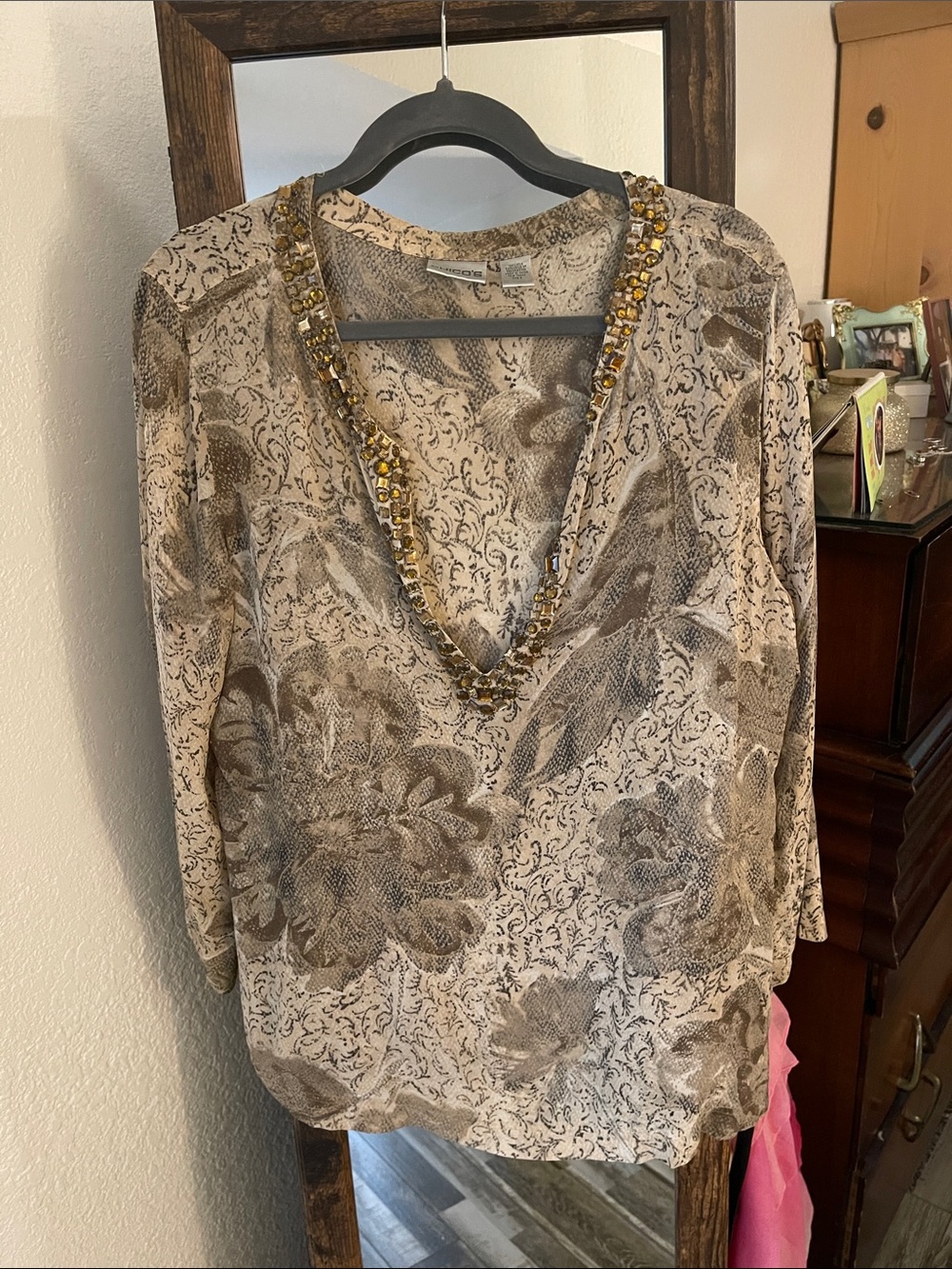 Chico's Neutral Beige and Brown Beaded V-Neck Blouse